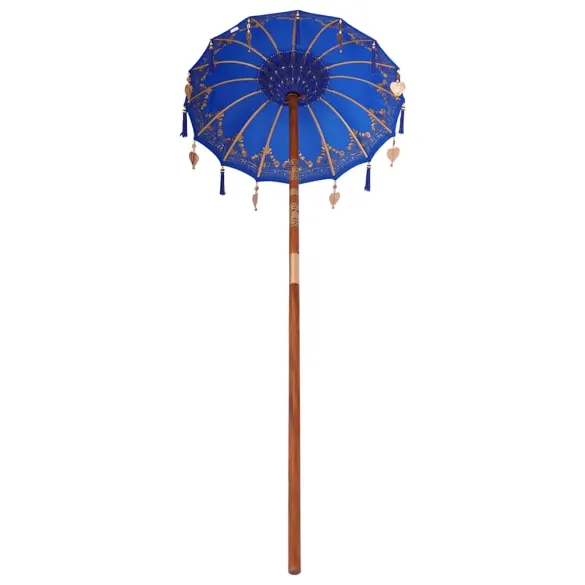 Parasol Balinez Albastru 260 cm din Bumbac și Lemn Masiv