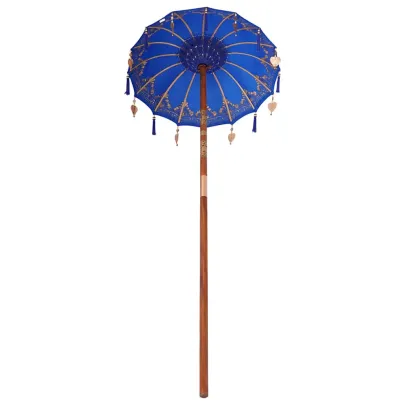 Parasol Balinez Albastru 260 cm din Bumbac și Lemn Masiv