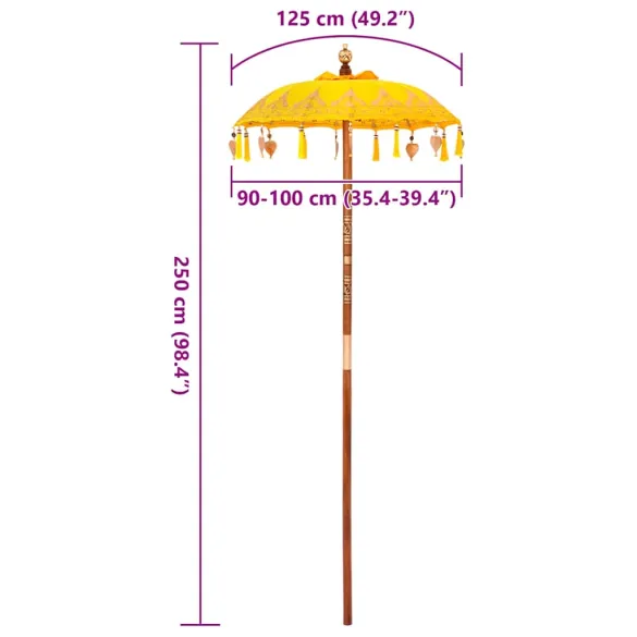Parasol Balinez Galben 260 cm din Bumbac și Lemn Masiv