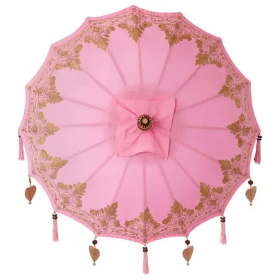 Parasol Balinez Roz 260 cm - Lemn Masiv, Bumbac | Livrare Gratuită