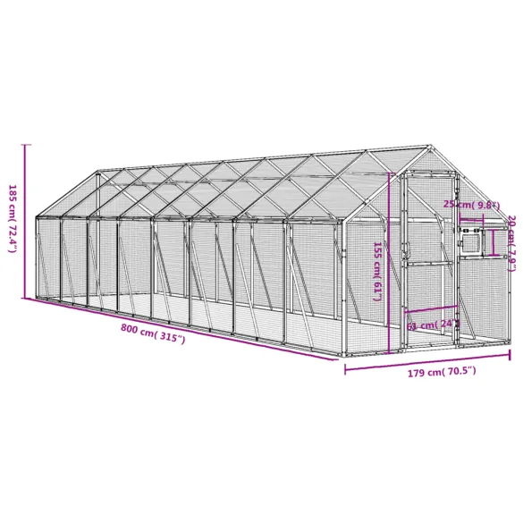 Volieră Păsări Aluminiu Argintiu 1.79x8x1.85m - Livrare Gratuită