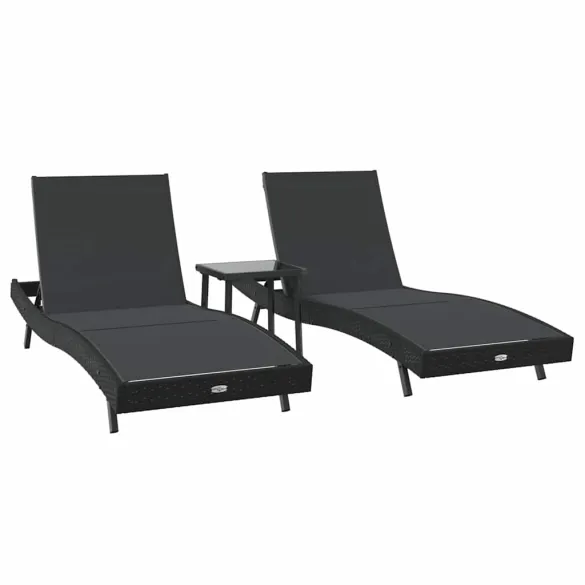 Set Șezlonguri cu Masă Rattan - 3 Piese Negru | Livrare Gratuită