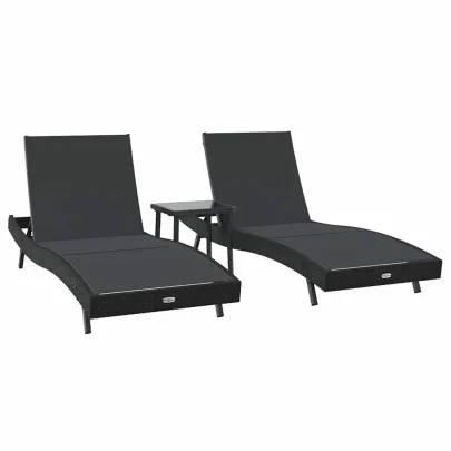 Set Șezlonguri cu Masă Rattan - 3 Piese Negru | Livrare Gratuită