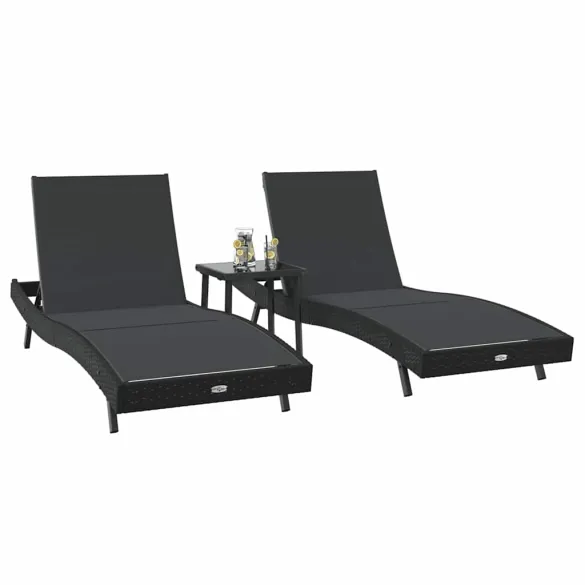 Set Șezlonguri cu Masă Rattan - 3 Piese Negru | Livrare Gratuită