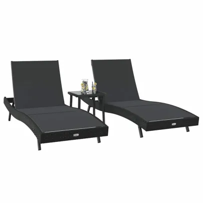 Set Șezlonguri cu Masă Rattan - 3 Piese Negru | Livrare Gratuită