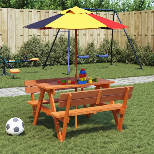 Masă Picnic Copii 4 Locuri cu Umbrelă - Lemn Brad Masiv Masă Picnic Copii 4 Locuri cu Umbrelă - Lemn Brad Masiv