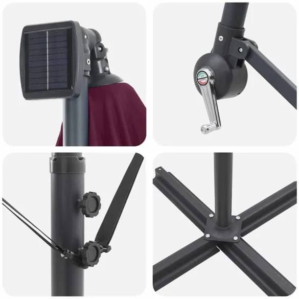 Parasol Banana Roșu Bordo cu LED Solar | Livrare Gratuită