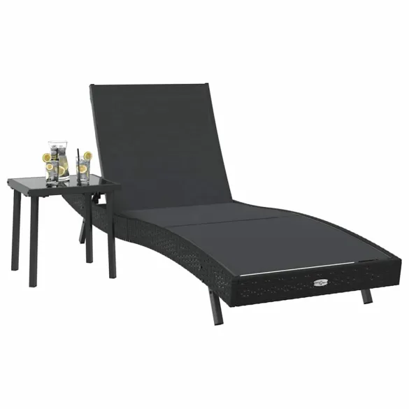 Șezlong cu Masă Rattan Negru - Set Garden Relaxare