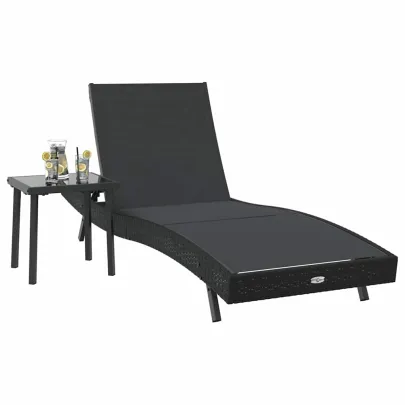 Șezlong cu Masă Rattan Negru - Set Garden Relaxare