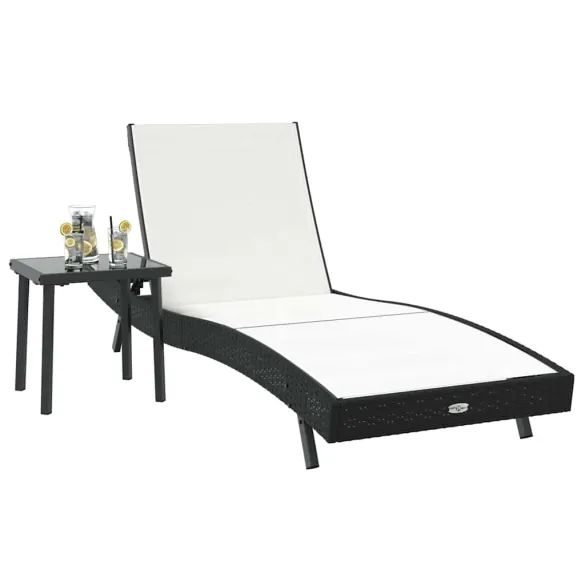 Set Șezlong cu Masă Rattan Poli Negru - Livrare Gratuită