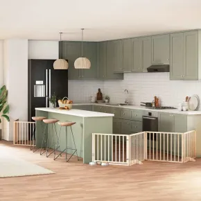 Poartă Câini Pliabilă Lemn - 8 Panouri cu Ușă - 640 cm