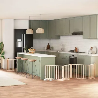 Poartă Câini Pliabilă Lemn - 8 Panouri cu Ușă - 640 cm