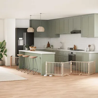 Poartă Câini Pliabilă Lemn - 6 Panouri cu Ușă - 480 cm