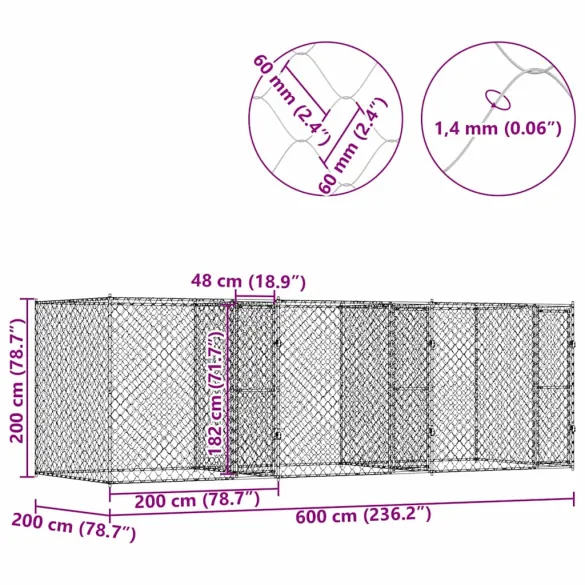 Cușcă Câine Exterior 600x200x200 cm Oțel Galvanizat