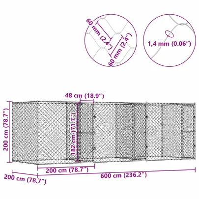 Cușcă Câine Exterior 600x200x200 cm Oțel Galvanizat