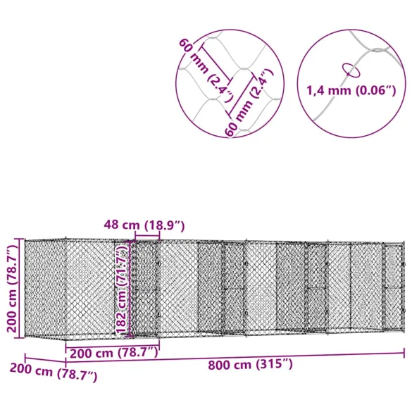 Cușcă Câine Exterior 800x200x200 cm Oțel Galvanizat
