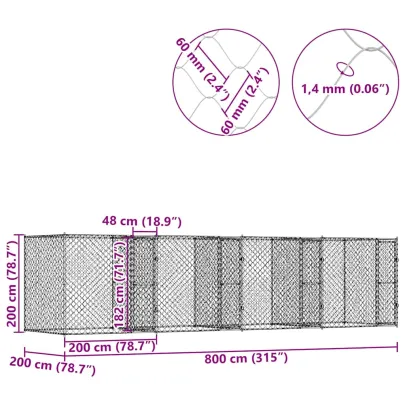Cușcă Câine Exterior 800x200x200 cm Oțel Galvanizat
