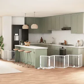 Poartă Câini Pliabilă Lemn Plop - 9 Panouri Alb - 450 cm