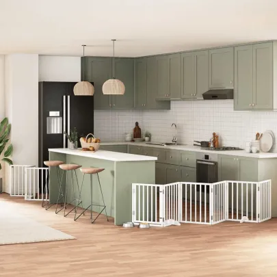 Poartă Câini Pliabilă Lemn Plop - 9 Panouri Alb - 450 cm