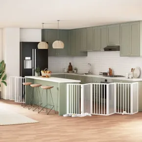 Poartă Câini Pliabilă Lemn Plop - 9 Panouri Alb - 450 cm