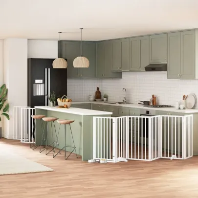 Poartă Câini Pliabilă Lemn Plop - 9 Panouri Alb - 450 cm