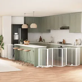 Poartă Câini Pliabilă Lemn Plop - 600 cm Alb cu Ușă