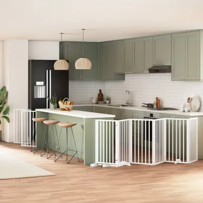 Poartă Câini Pliabilă Alb, Lemn de Plop - 750 cm