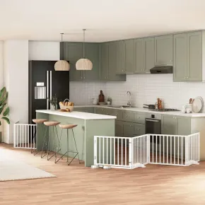 Poartă Câini Pliabilă cu Ușă - 6 Panouri - 480 cm - Alb