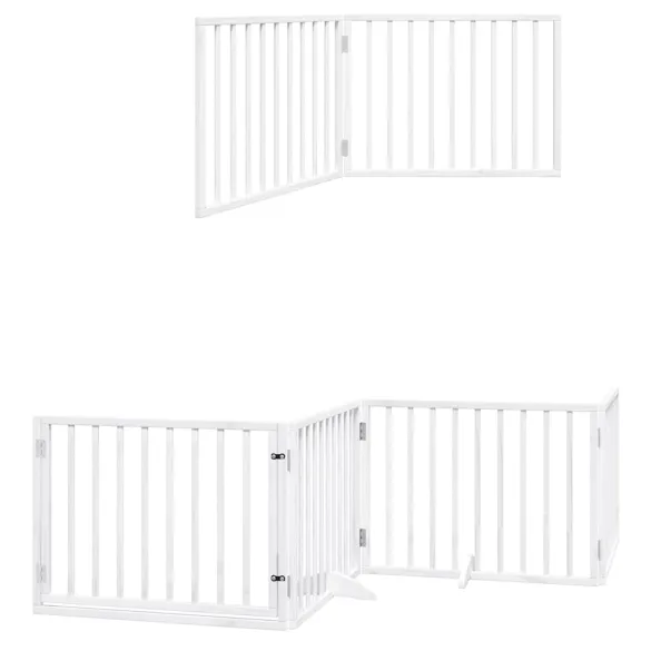 Poartă Câini Pliabilă Lemn Plop cu Ușă - 800 cm Alb