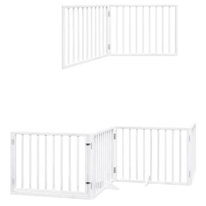 Poartă Câini Pliabilă Lemn Plop cu Ușă - 800 cm Alb