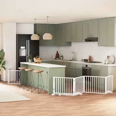 Poartă Câini Pliabilă Lemn Plop - 960 cm, Alb | Livrare Gratuită