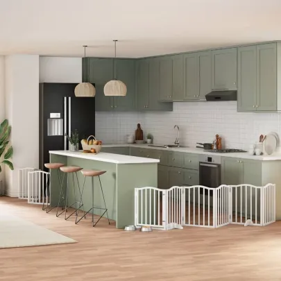 Poartă Câini Pliabilă Lemn Plop - 9 Panouri Alb - 450 cm