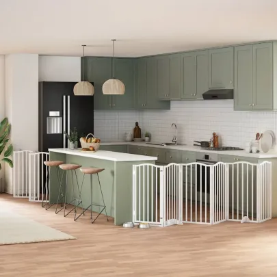 Poartă Câini Pliabilă Lemn Plop cu Ușă - 600 cm Alb