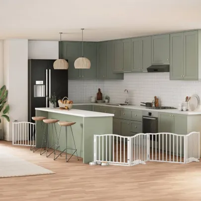 Poartă Câini Pliabilă Lemn Plop - 8 Panouri Alb, 640 cm