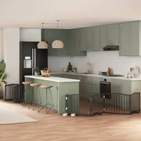 Poartă Câini Pliabilă Lemn Plop 800 cm - Negru cu Ușă