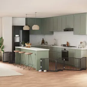 Poartă Câini Pliabilă cu Ușă 12 Panouri Negru - Lemn Plop