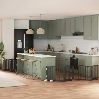 Poartă Câini Pliabilă cu Ușă 12 Panouri Negru - Lemn Plop