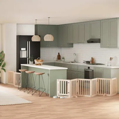 Poartă Câini Pliabilă cu Ușă - 9 Panouri - 450 cm - Lemn