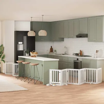 Poartă Câini Pliabilă Lemn Plop - 600 cm Alb cu Ușă