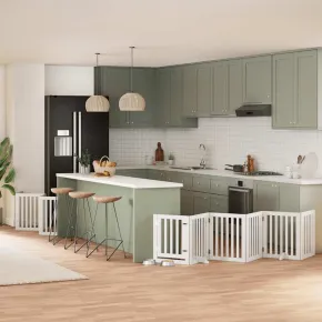 Poartă Câini Pliabilă Lemn Plop cu Ușă - 750 cm Alb