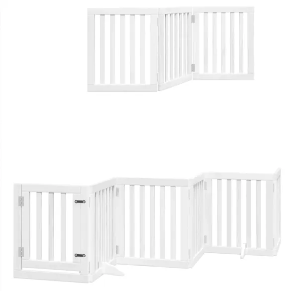 Poartă Câini Pliabilă Lemn Plop cu Ușă - 750 cm Alb