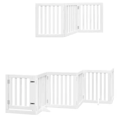 Poartă Câini Pliabilă Lemn Plop cu Ușă - 750 cm Alb