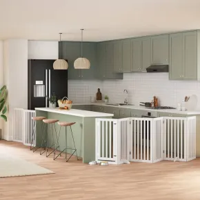 Poartă Câini Pliabilă Lemn Plop - 9 Panouri Alb - 450 cm