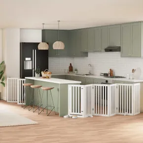 Poartă Câini Pliabilă Lemn Plop - 750 cm cu Ușă Albă