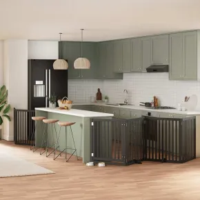 Poartă Câini Pliabilă 8 Panouri Negru - Lemn Plop 640 cm