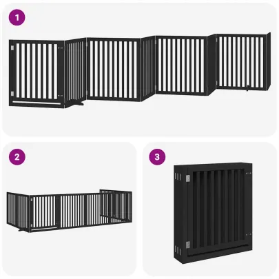 Poartă Câini Pliabilă 8 Panouri Negru - Lemn Plop 640 cm