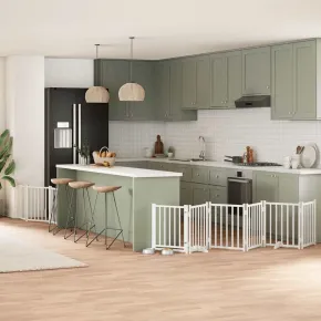 Poartă Câini Pliabilă Lemn Plop - 9 Panouri Alb - 450 cm