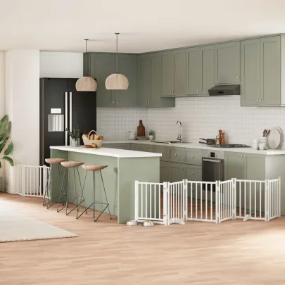 Poartă Câini Pliabilă Lemn Plop - 9 Panouri Alb - 450 cm