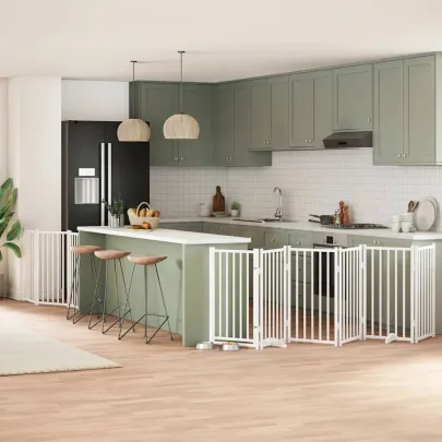 Poartă Câini Pliabilă Lemn Plop - 9 Panouri Alb - 450 cm