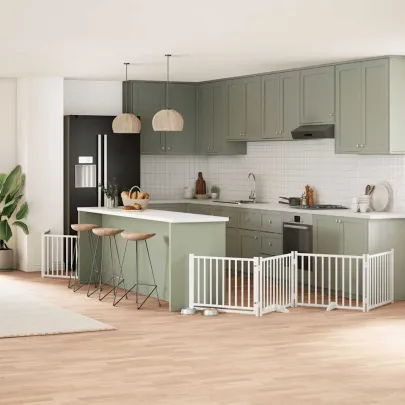 Poartă Câini Pliabilă Lemn Plop - 960 cm Alb cu Ușă